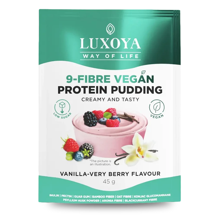 9-FIBRE VEGAN PROTEIN PUDDING - VEGÁN FEHÉRJÉT TARTALMAZÓ ROSTPUDING 9 FÉLE NÖVÉNYI ROSTTAL 45 g - Vanília-erdei gyümölcs ízű